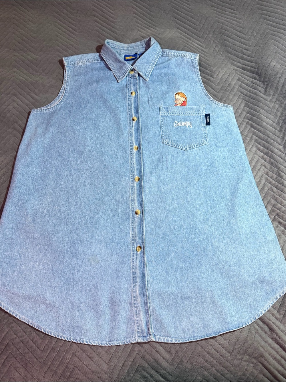 Disney Classics women’s VTG Blue Sleeveless Chambray Grumpy Embroidered Shirt